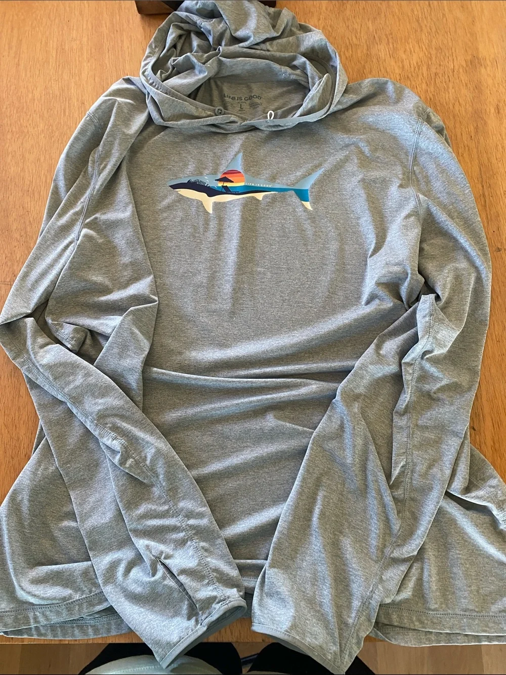 Life is good Heather Gray Hooded Long Sleeve Sunfish Graphic Top - Picture 1 of 2